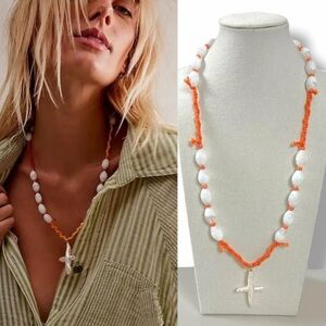Free People White and Orange Beaded Necklace Blue and white